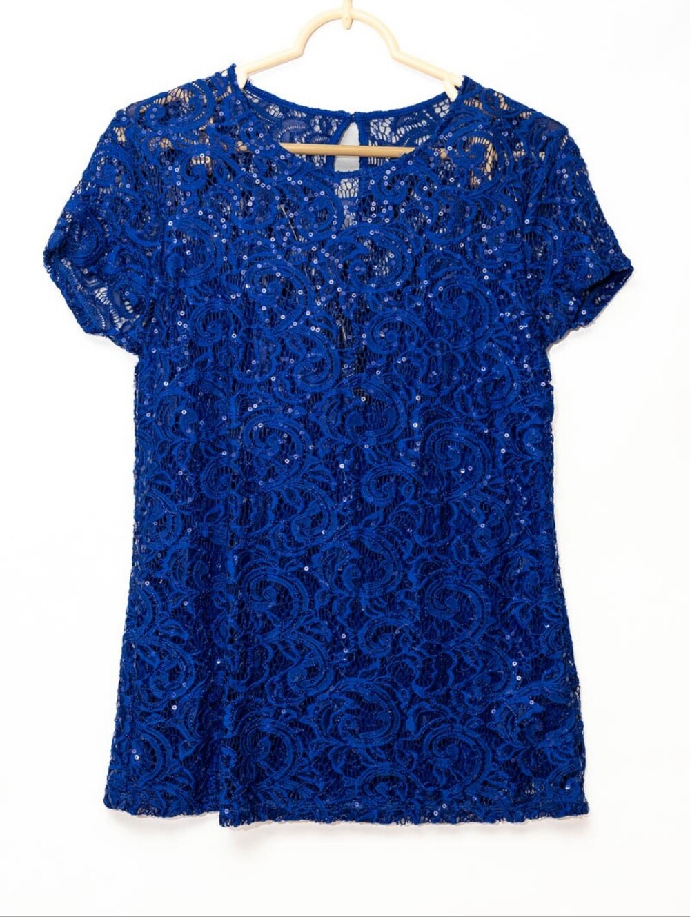 INC International Concepts Blue Lace/Sequin Top w/built-in Cami Size Medium NWT